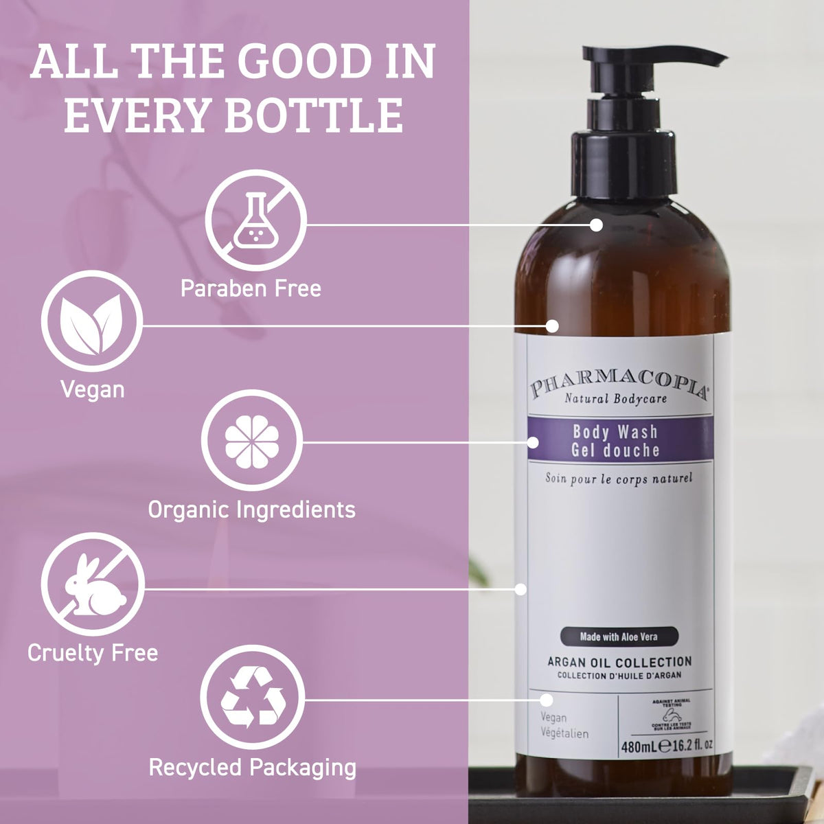 Pharmacopia Hotel Argan Oil Body Wash with green tea extract for soothing cleanse