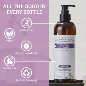Pharmacopia Hotel Argan Oil Body Wash with green tea extract for soothing cleanse