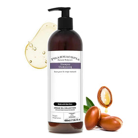 Pharmacopia Hotel Argan Oil Shampoo bottle pour highlighting plant-based cleansing for daily hair care