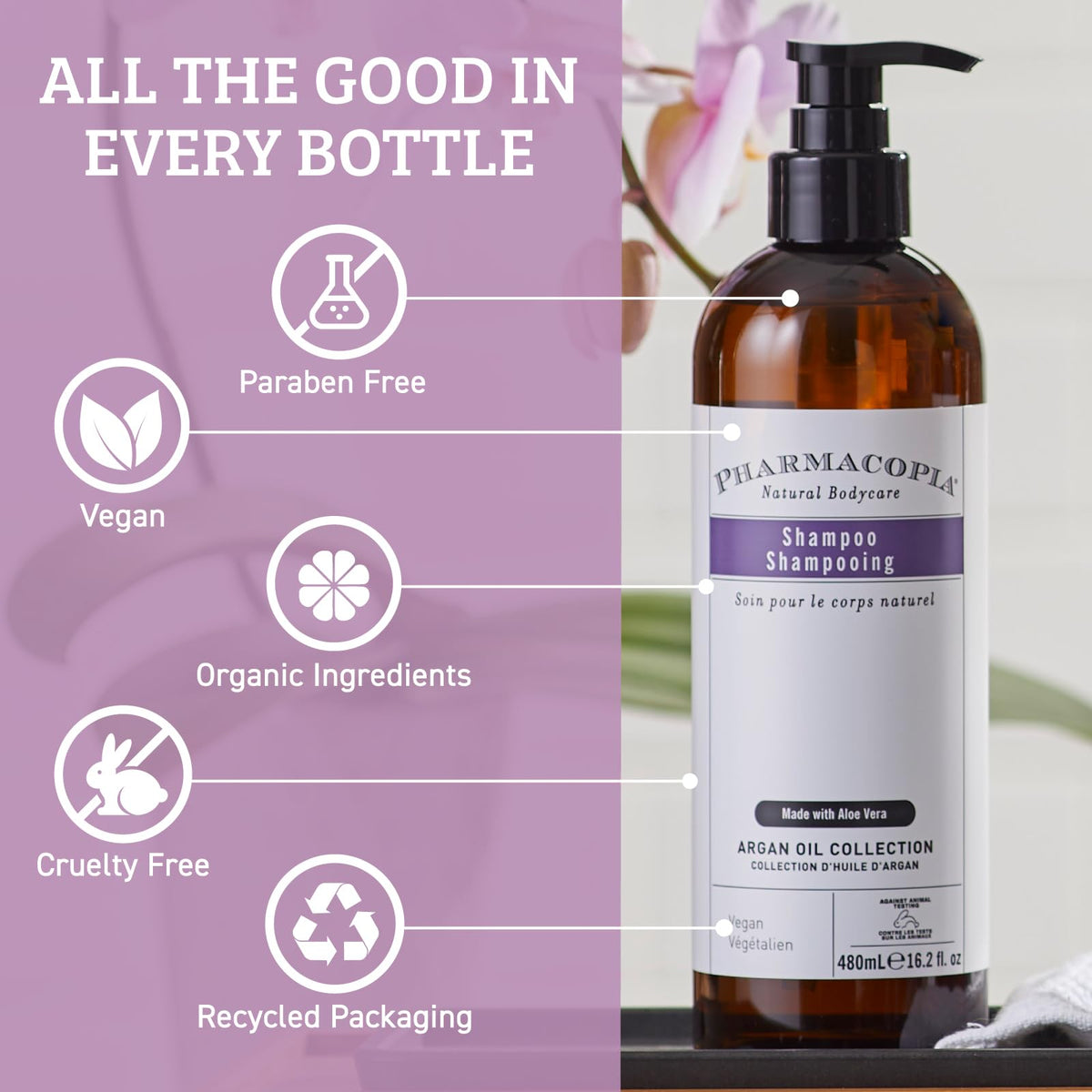 Pharmacopia Hotel Argan Oil Shampoo label detail showcasing no parabens or synthetic dyes