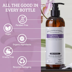 Pharmacopia Hotel Argan Oil Shampoo label detail showcasing no parabens or synthetic dyes