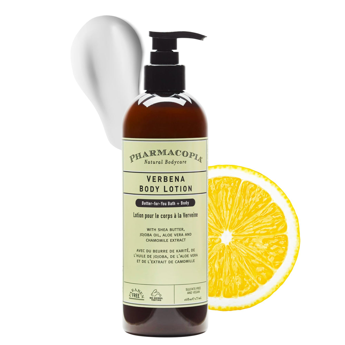 Pharmacopia Verbena Body Lotion bottle front showing vegan, cruelty-free hydration for daily use.