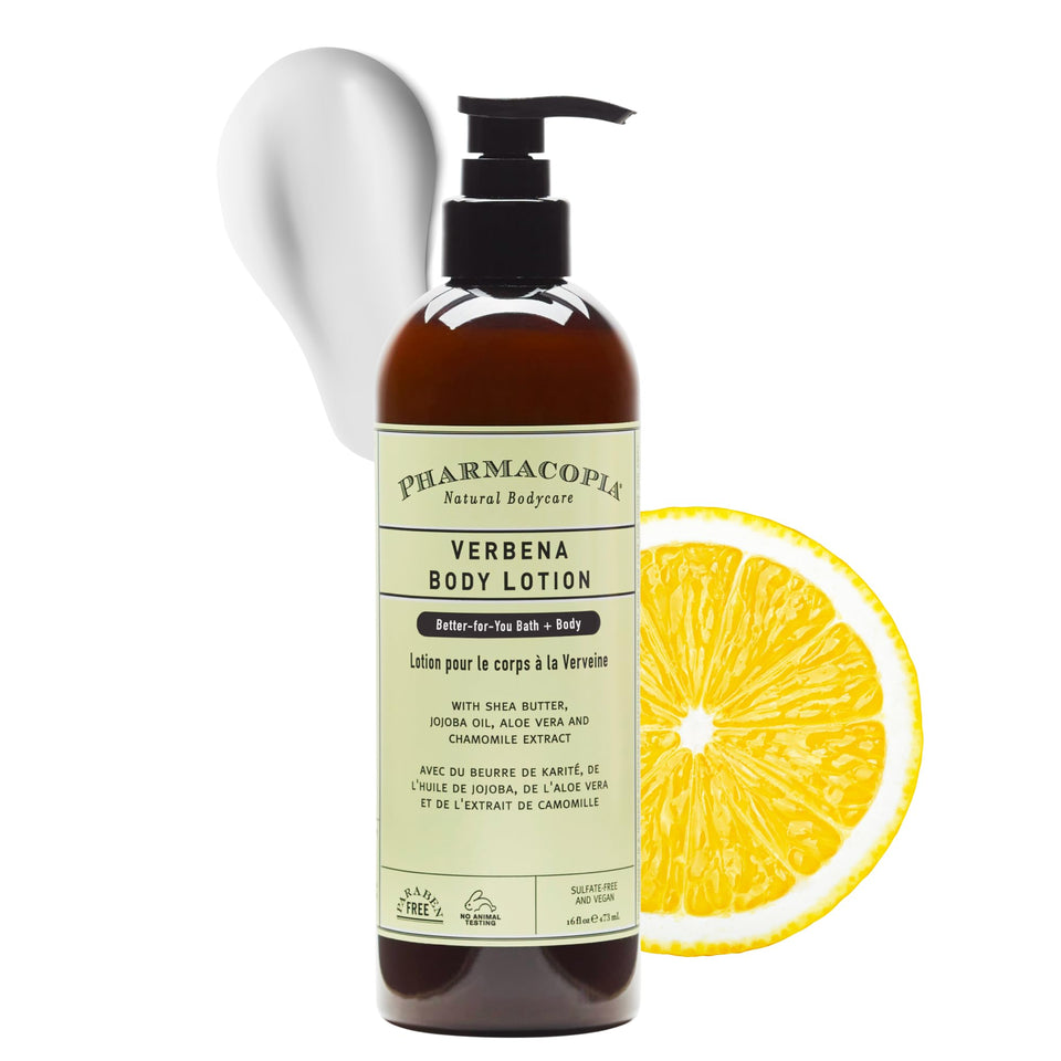 Pharmacopia Verbena Body Lotion bottle front showing vegan, cruelty-free hydration for daily use.
