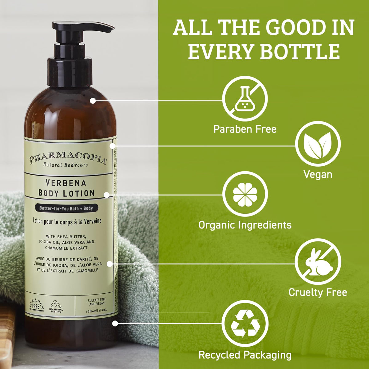 Ingredients shot featuring shea butter, aloe, and jojoba oil in the Verbena formula.