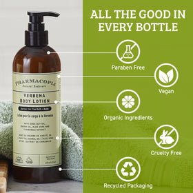 Ingredients shot featuring shea butter, aloe, and jojoba oil in the Verbena formula.