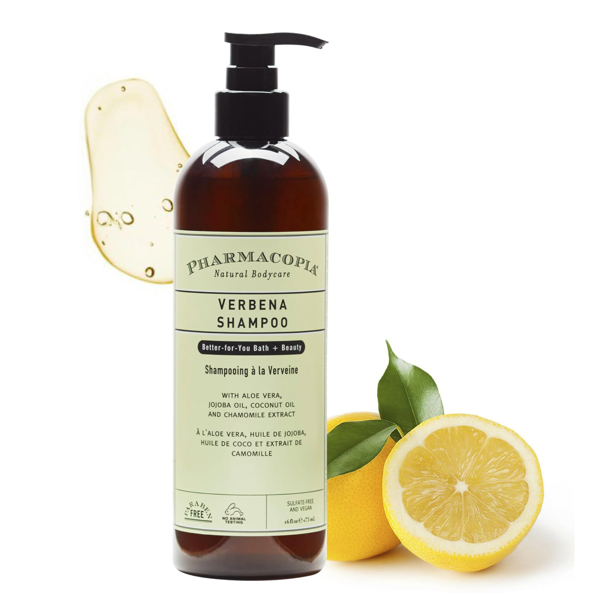 Pharmacopia Verbena Shampoo bottle closeup for plant-based cleansing.