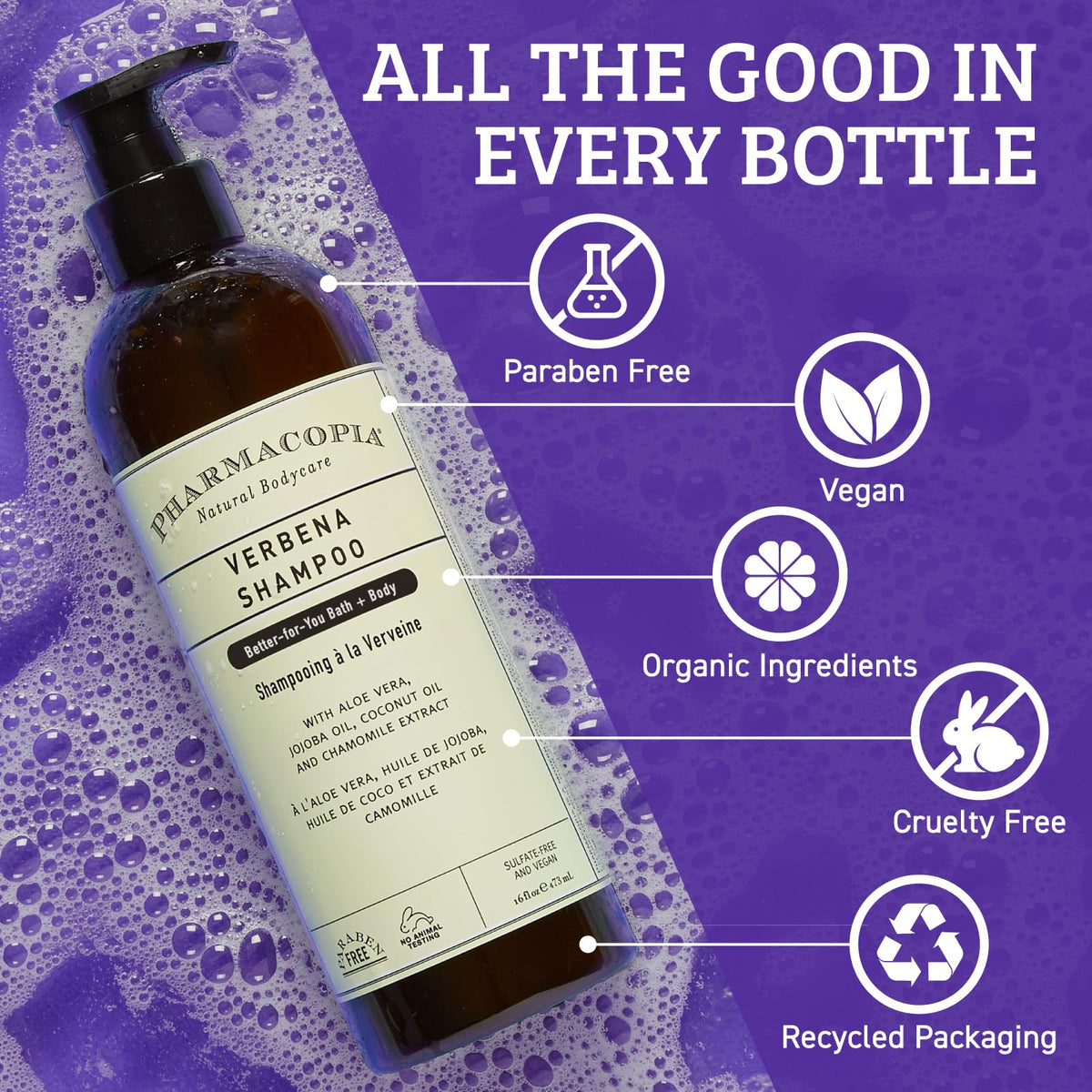 Pharmacopia Verbena Shampoo flatlay with ingredients and botanicals.