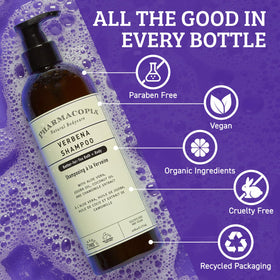 Pharmacopia Verbena Shampoo flatlay with ingredients and botanicals.