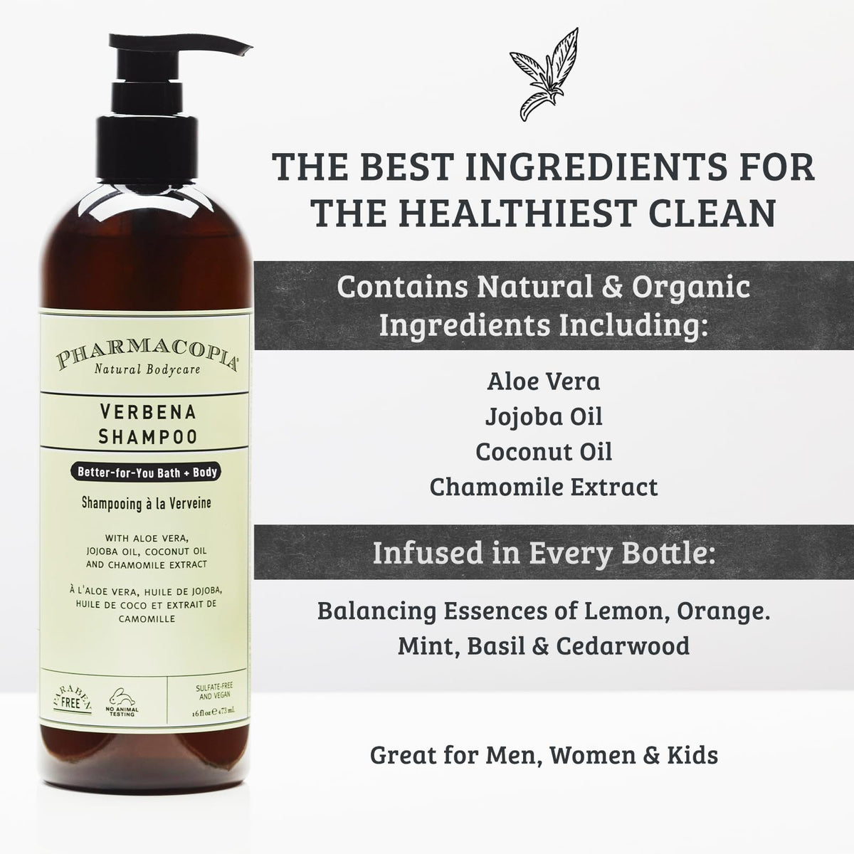 Pharmacopia Verbena Shampoo ingredients panel highlights aloe vera, jojoba, coconut oils.