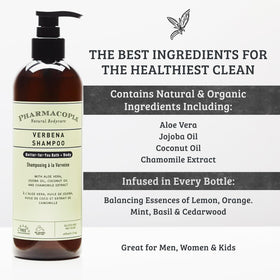 Pharmacopia Verbena Shampoo ingredients panel highlights aloe vera, jojoba, coconut oils.