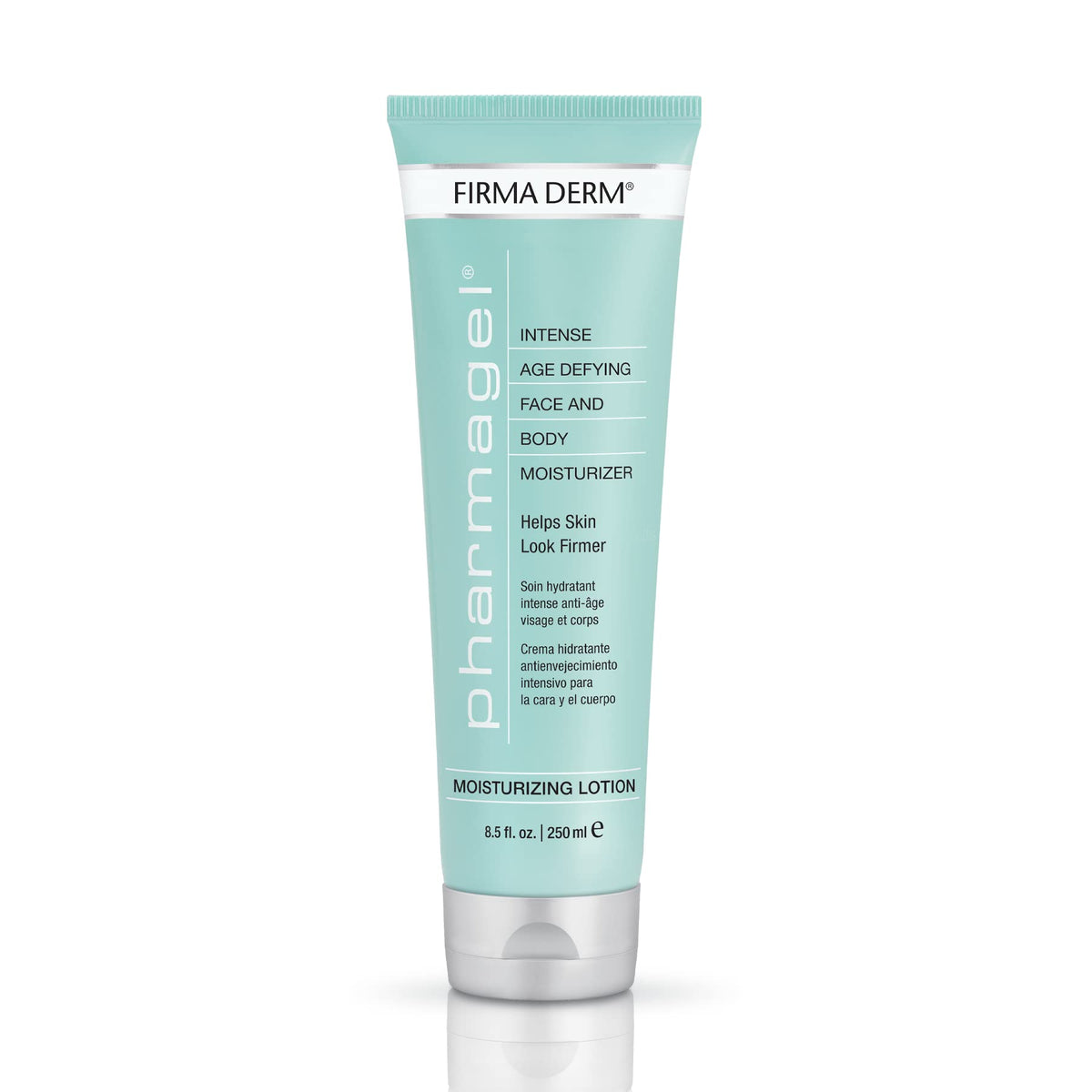 Pharmagel Firma Derm anti-aging lotion bottle shows firming and hydrating benefits.