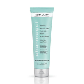 Pharmagel Firma Derm anti-aging lotion bottle shows firming and hydrating benefits.