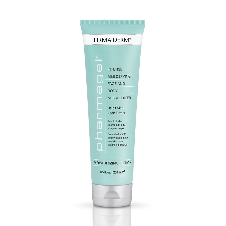 Pharmagel Firma Derm anti-aging lotion bottle shows firming and hydrating benefits.