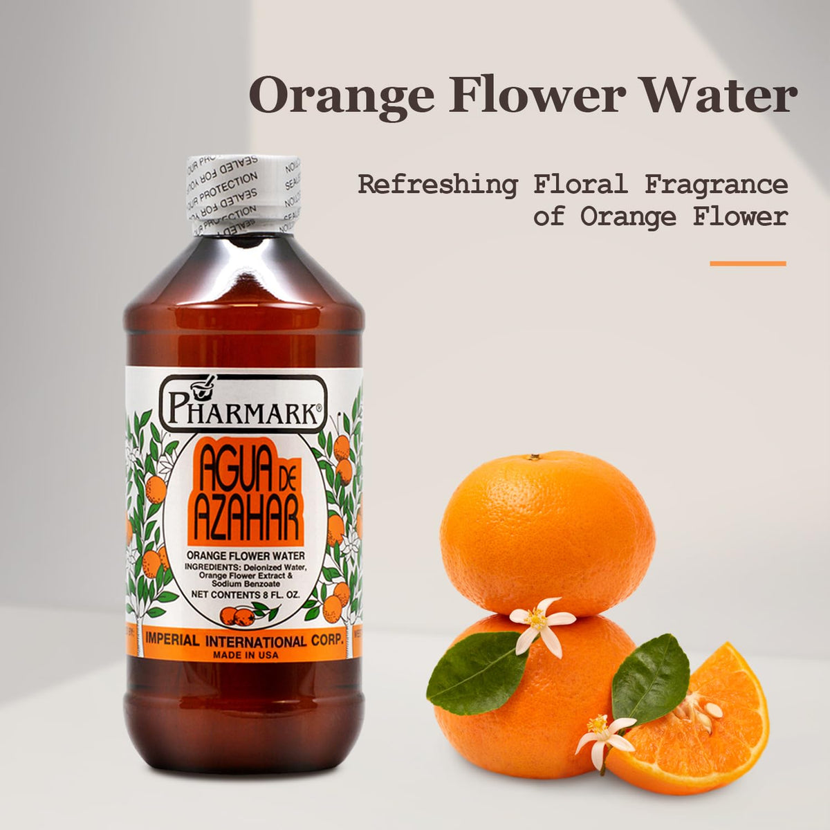Pharmark Orange Flower Blossom Water closeup reveals delicate steam-distilled blossoms and gentle hydration