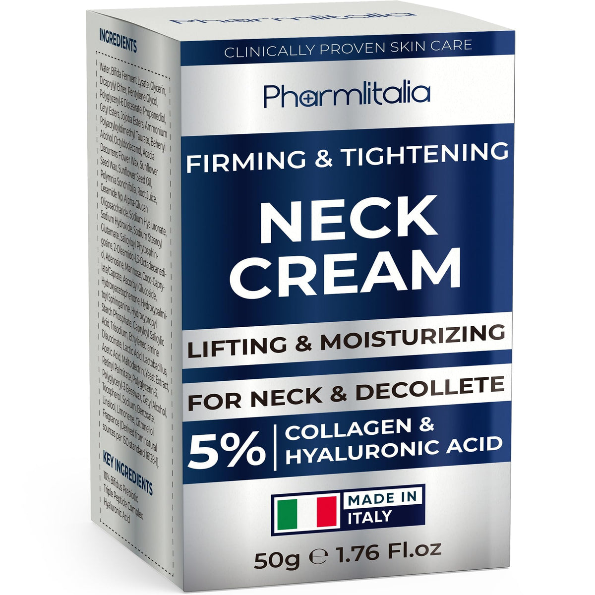 Pharmlitalia neck cream close-up applying for neck firming during daily routine.