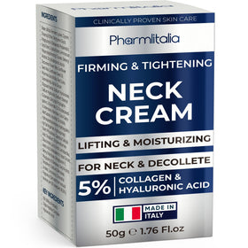 Pharmlitalia neck cream close-up applying for neck firming during daily routine.
