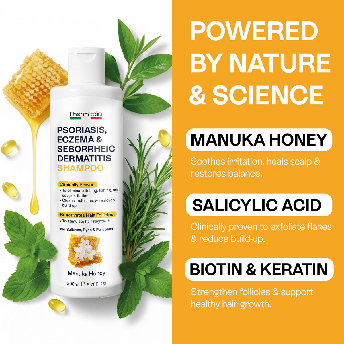 Pharmlitalia psoriasis shampoo application on damp scalp for soothing cleanse.