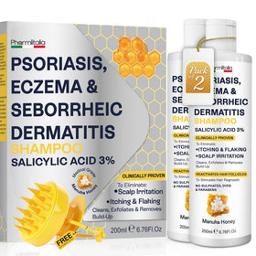 Pharmlitalia psoriasis shampoo bottle closeup highlighting gentle cleansing.