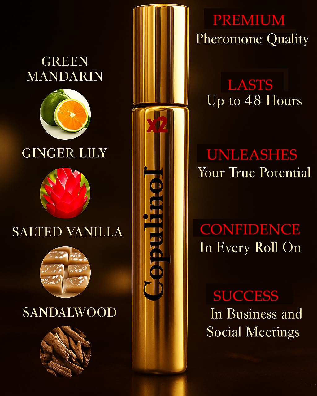 Pherolec Copulinol X2 fragrance notes: green mandarin and ginger lily.