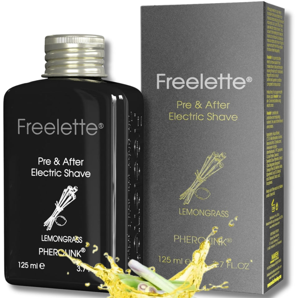 Pherolink Freelette bottle front showing lemongrass scent for a refreshing shave