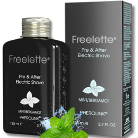 Pherolink Freelette pre-electric shave lotion bottle for quick prep and smoother shave.