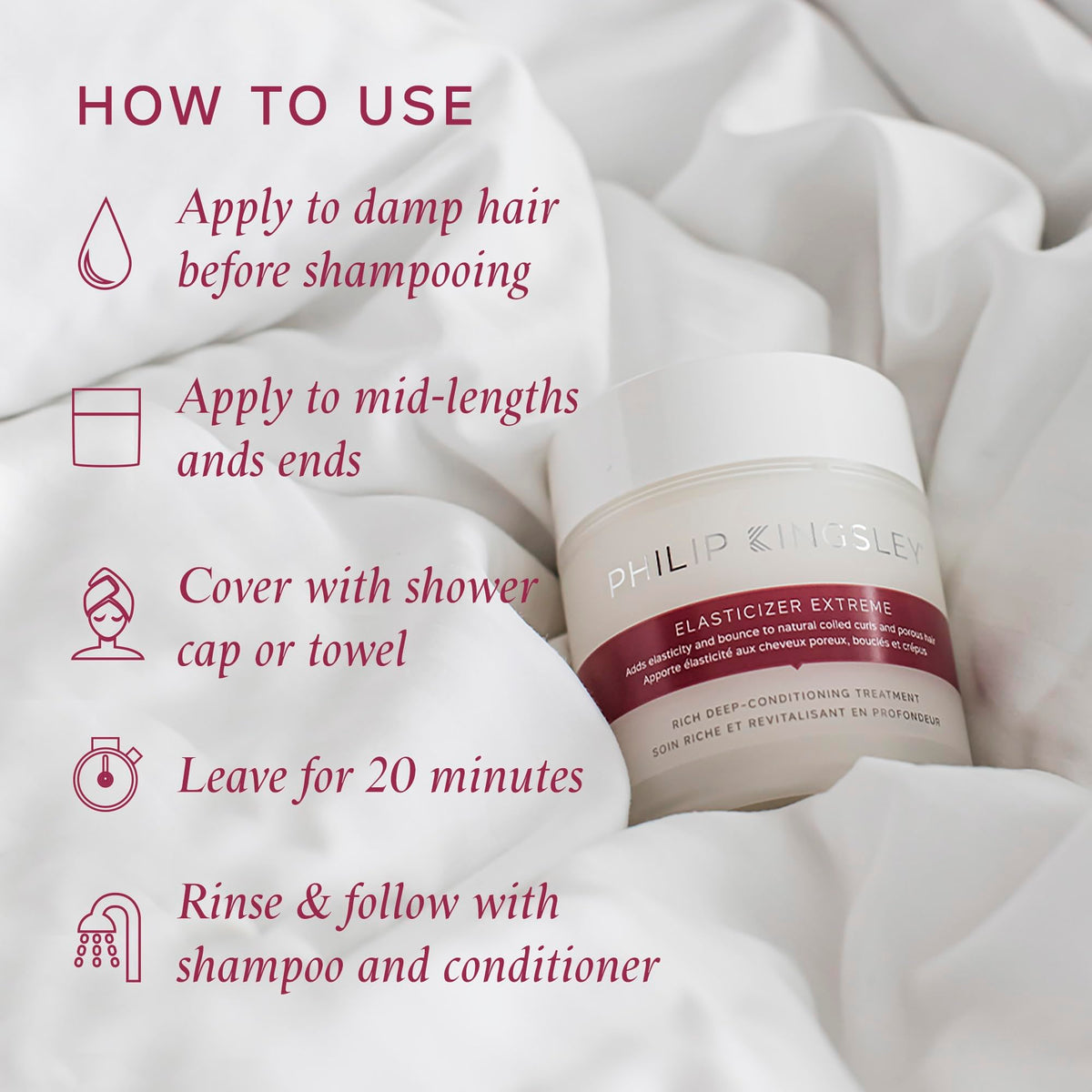 Elasticizer shower cap coverage shows heat-assisted absorption during mask.