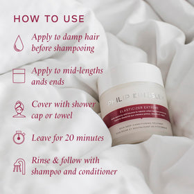 Elasticizer shower cap coverage shows heat-assisted absorption during mask.