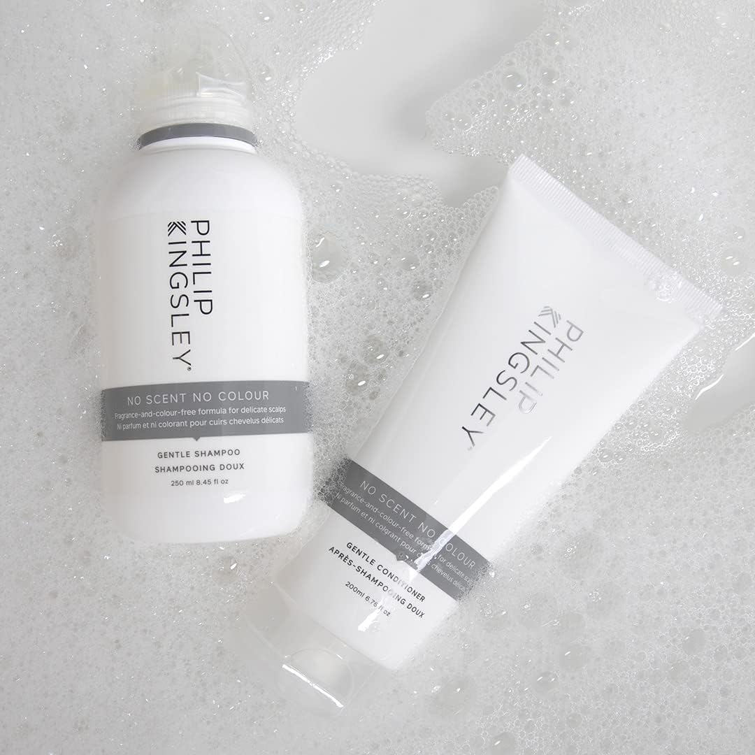 Philip Kingsley No Scent No Color Shampoo packaging highlights recycled materials and sustainable packaging.