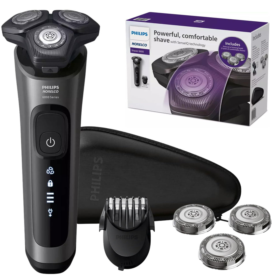Philips electric shaver with 360° contour heads for smooth skin contact.