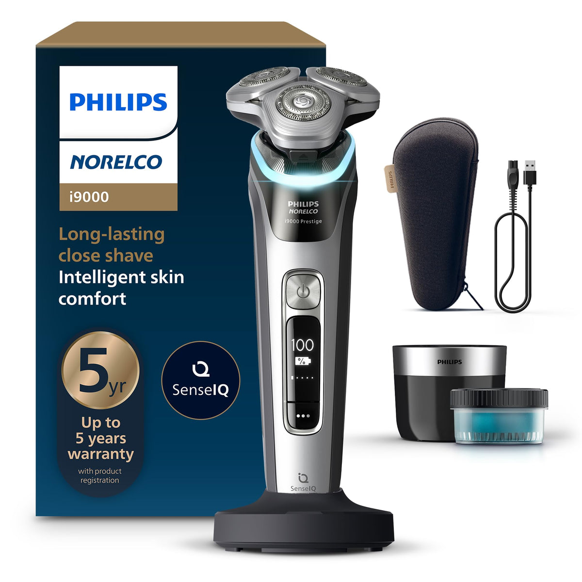 Philips Norelco i9000 Prestige 360° flex heads deliver precise reach.