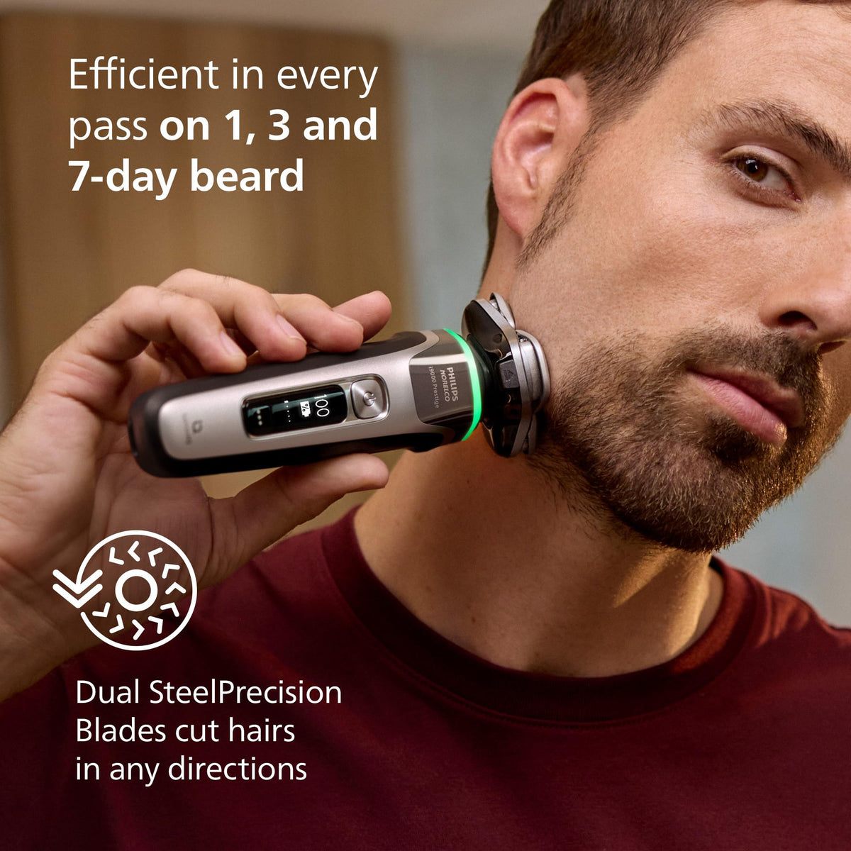 Philips Norelco i9000 Prestige Power Adapt Sensor adjusts speed to density.
