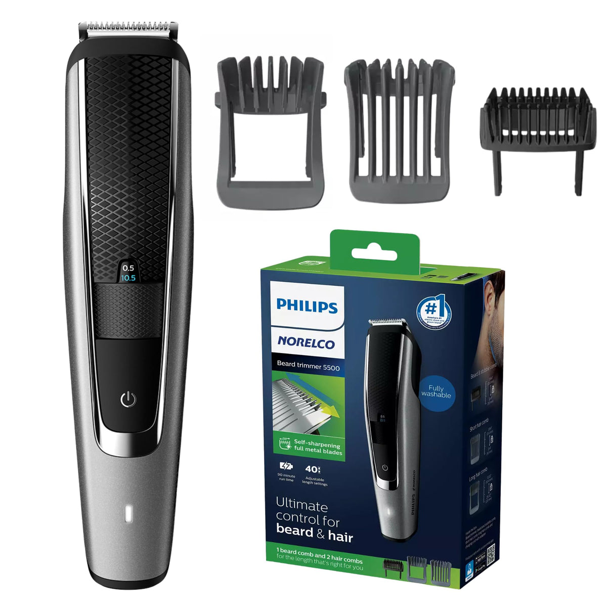Philips Norelco Series 5500 beard trimmer blades close-up for precise grooming