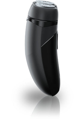 Cordless Philips Norelco travel shaver powered by included batteries.