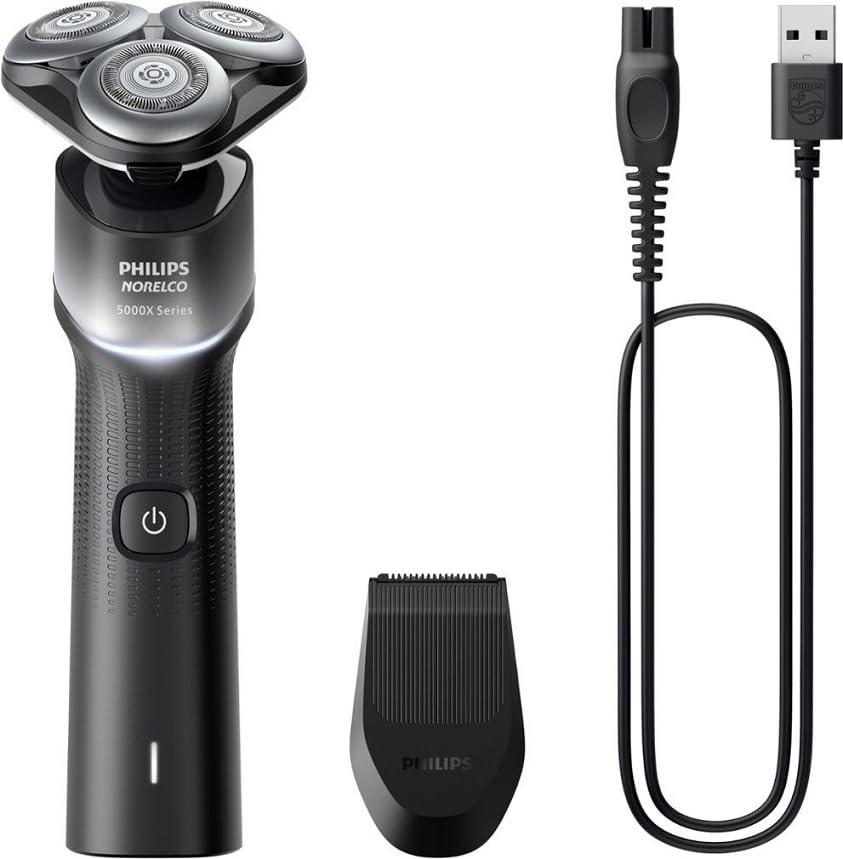 Philips Norelco X5004 shaver on stand for easy storage and quick access