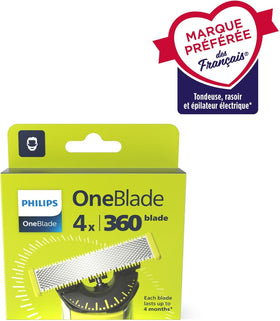 Philips OneBlade 360 replacement blades pack closeup enables easy swapping for consistent results.