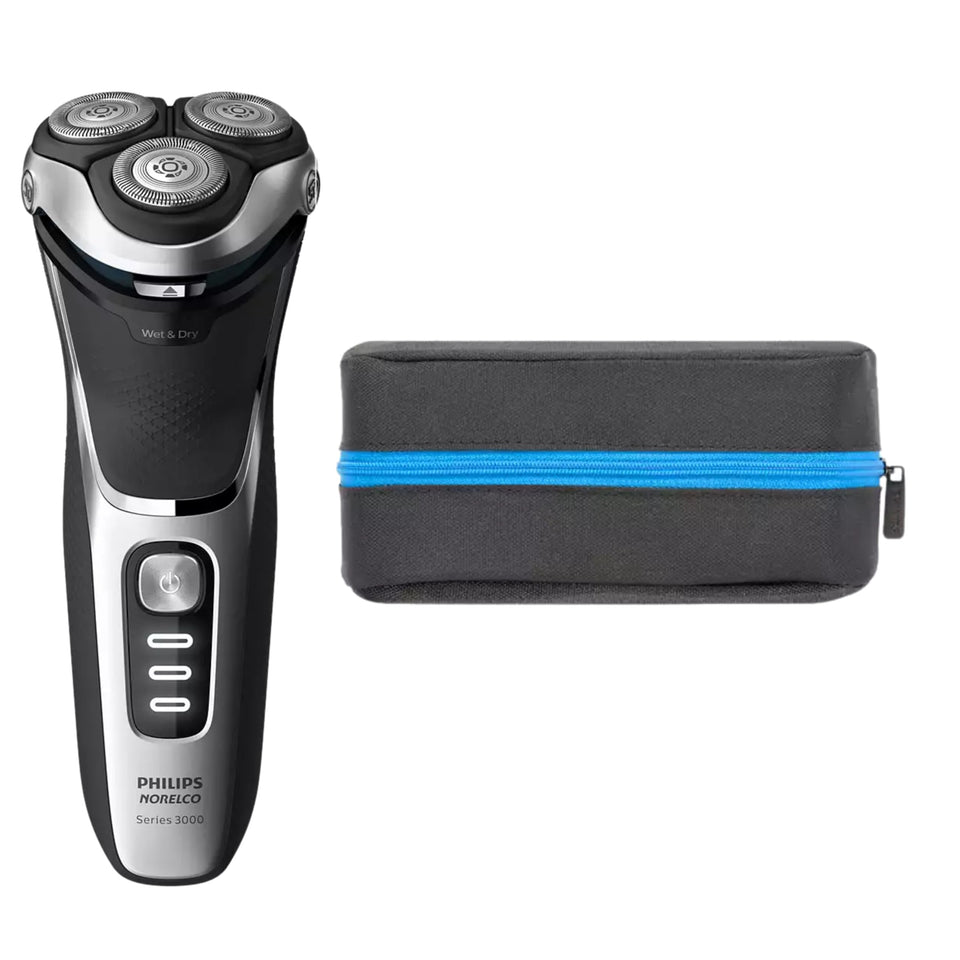Philips shaver 3000 contours for a smooth shave along facial curves.