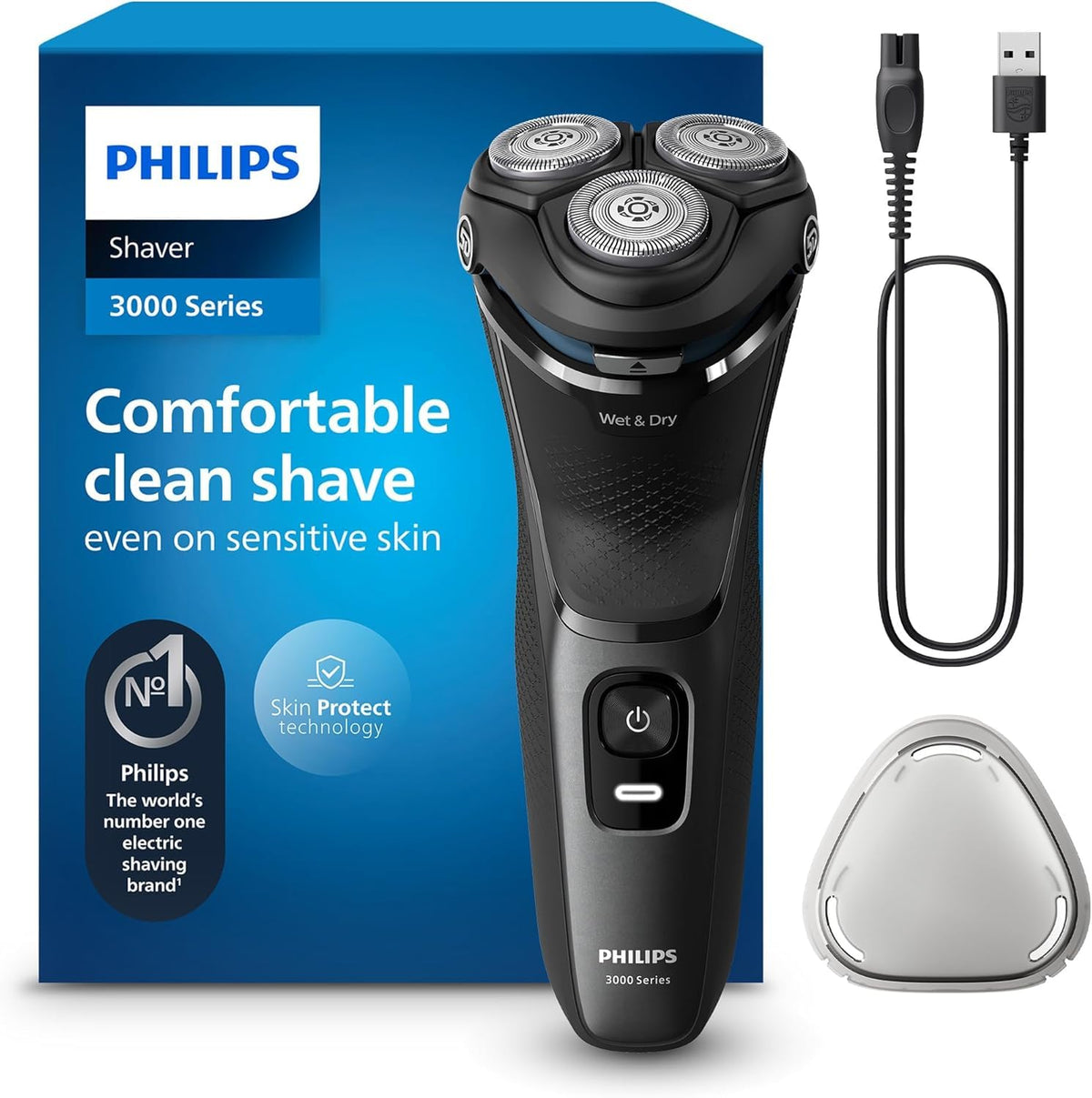 Philips Shaver 3000 front view shows ergonomic grip for secure wet or dry shaving
