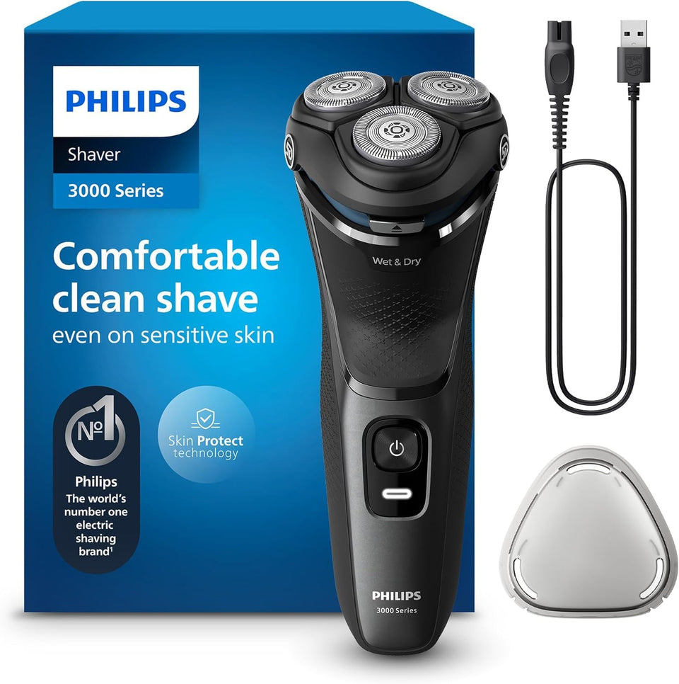 Philips Shaver 3000 front view shows ergonomic grip for secure wet or dry shaving