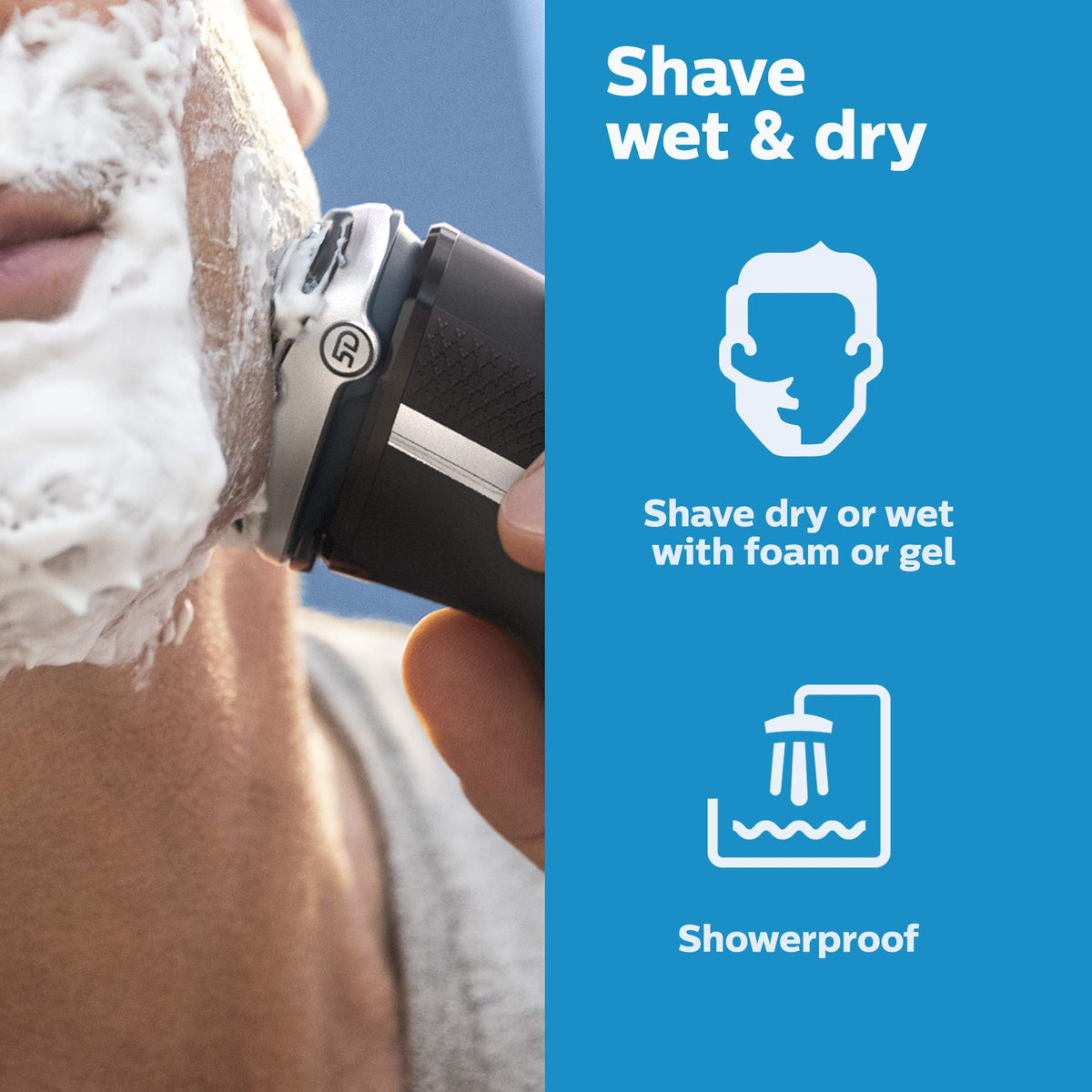 Philips shaver 3000 wet-dry design supports foam or gel shaving.