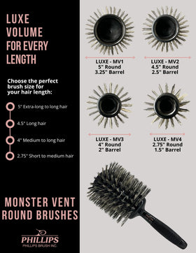 Phillips Brush Luxe Monster Vent beech wood handle provides natural strength and heat resistance.