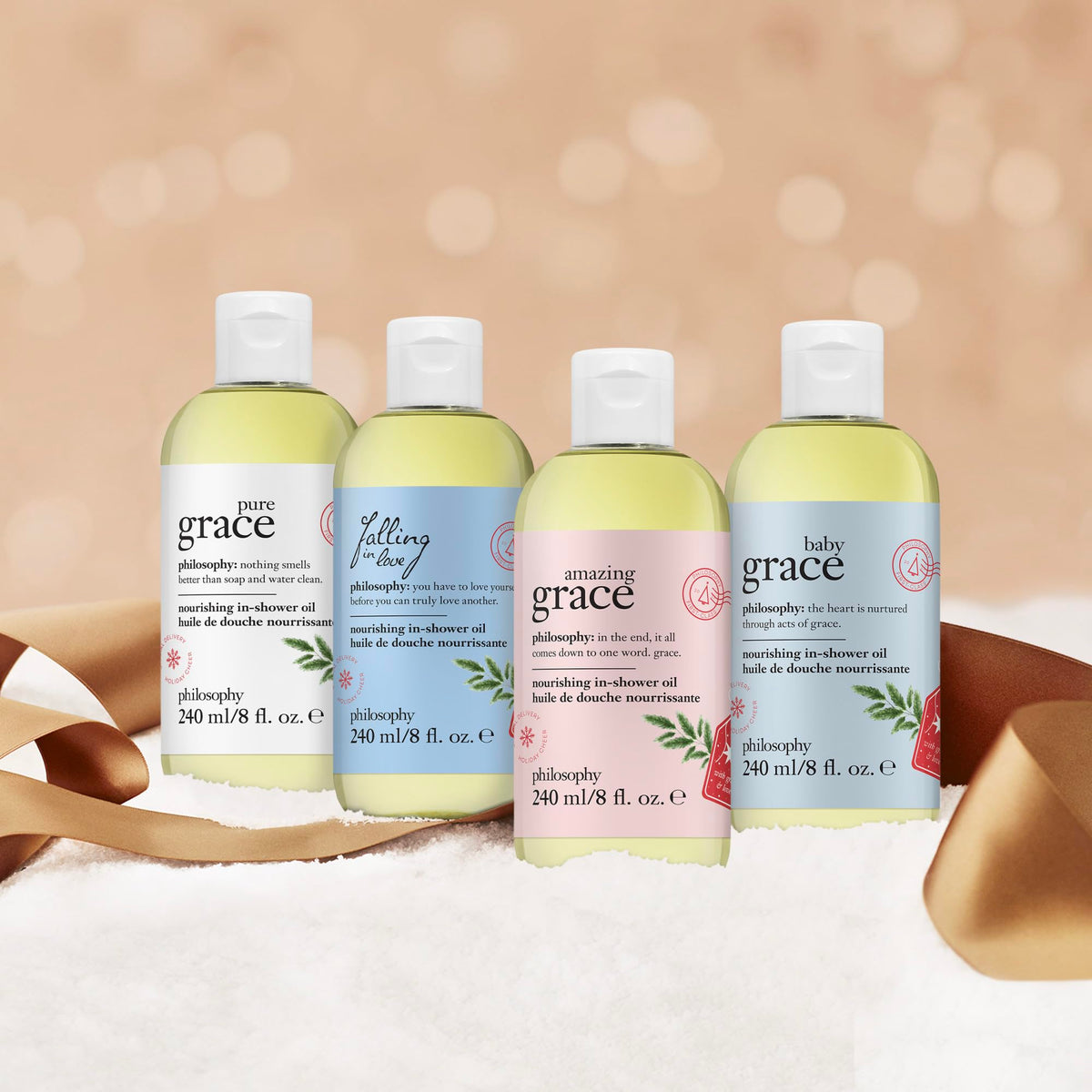 Philosophy Amazing Grace oil being massaged into skin for a soft, glowing finish.