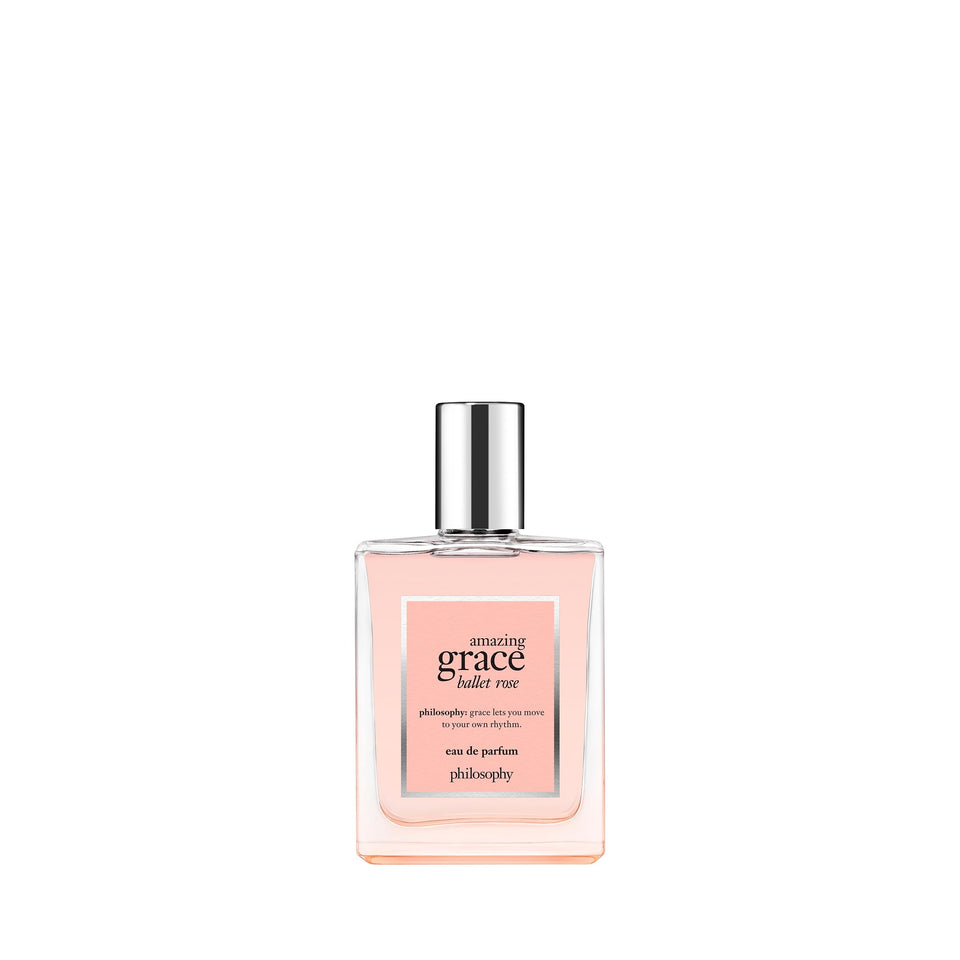 Philosophy Amazing Grace Ballet Rose bottle close-up highlighting rose and musk for daily elegance.