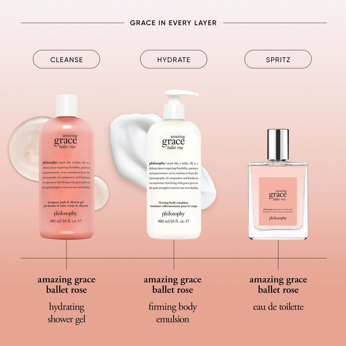 philosophy Amazing Grace Ballet Rose wood-musk base evokes warmth and lasting impression