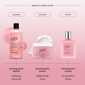 Philosophy Amazing Grace fragrance close-up highlighting berries, rose, and musk for lasting scent.