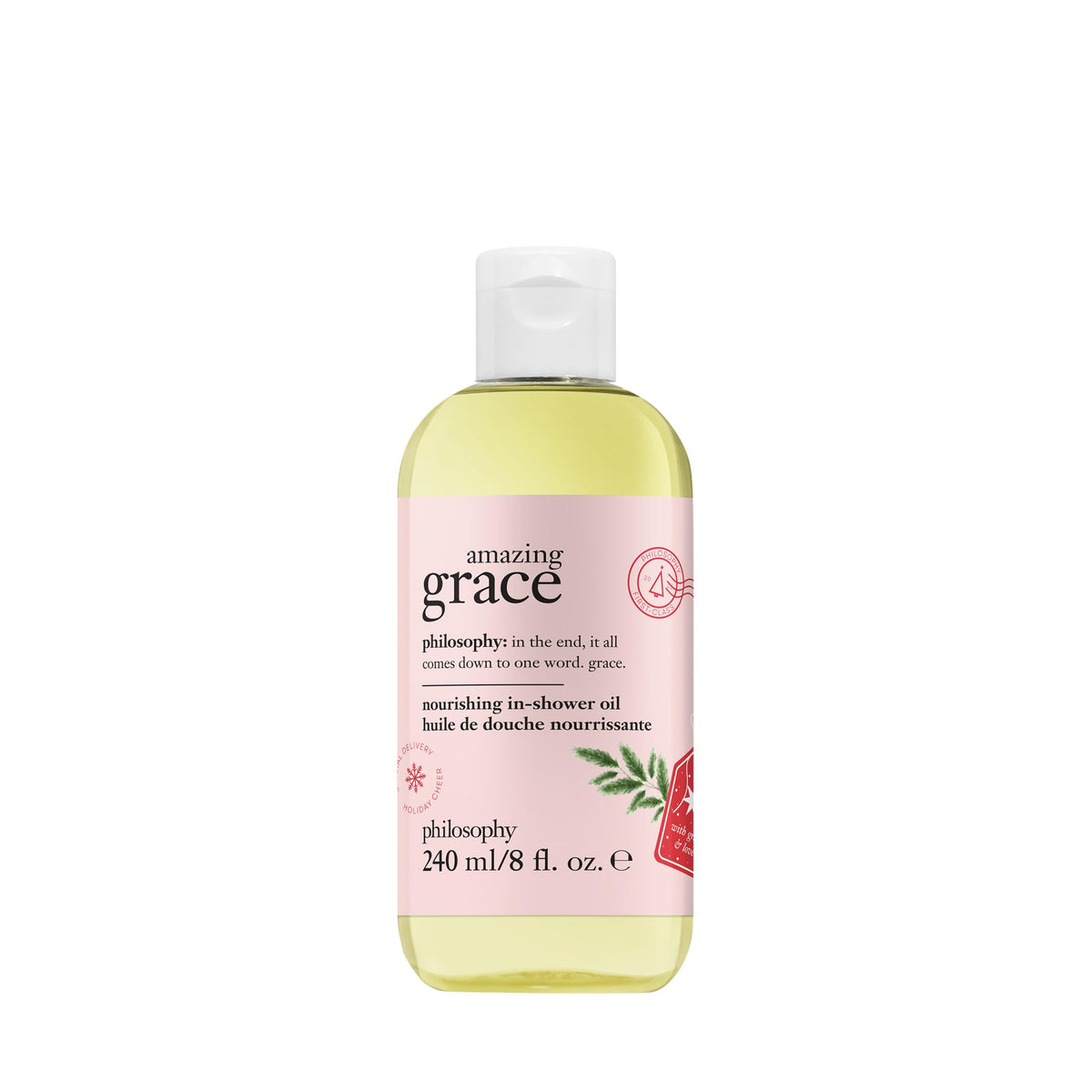 Philosophy Amazing Grace in-shower oil bottle for lasting hydration and radiant skin.
