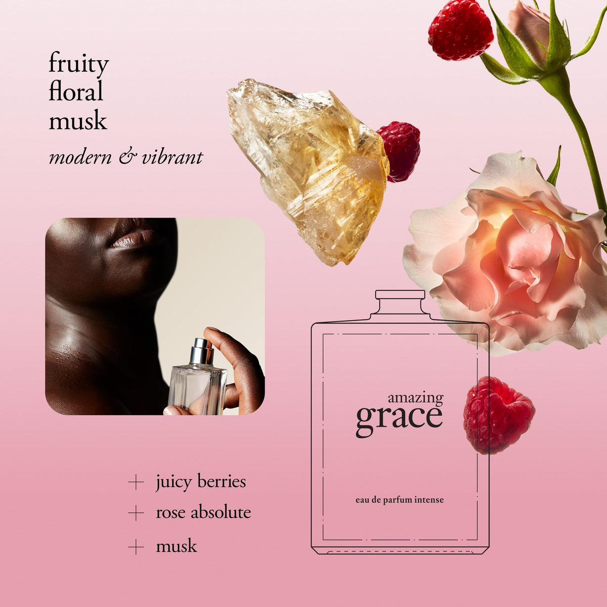 Philosophy Amazing Grace Intense rose absolute detail emphasizing premium ingredients