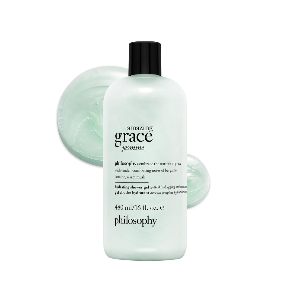 Philosophy Amazing Grace Jasmine bottle showing rich hydration for daily use.