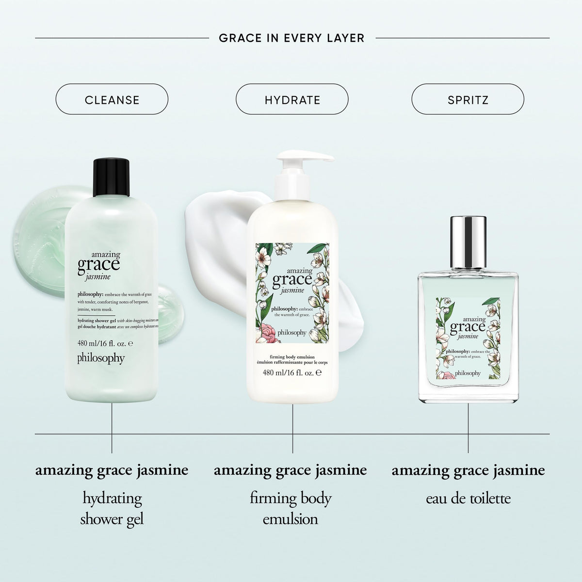 Philosophy Amazing Grace Jasmine foam suggests skin-softening comfort during rinse.
