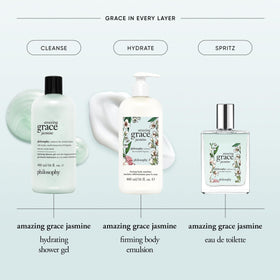 Philosophy Amazing Grace Jasmine foam suggests skin-softening comfort during rinse.