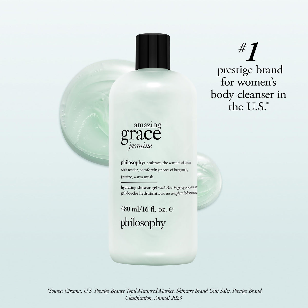 Philosophy Amazing Grace Jasmine bottle label highlights luxe fragrance for a calming shower routine.